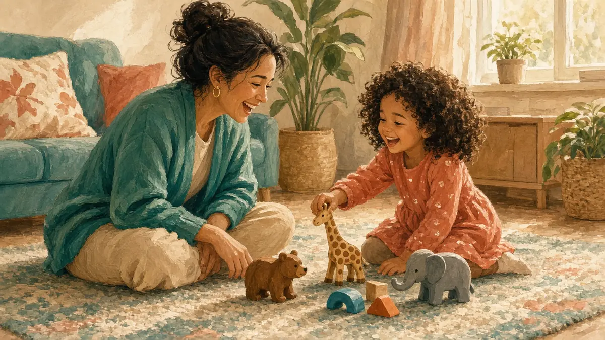 A therapist and a child play with toy animals on the floor, both laughing.