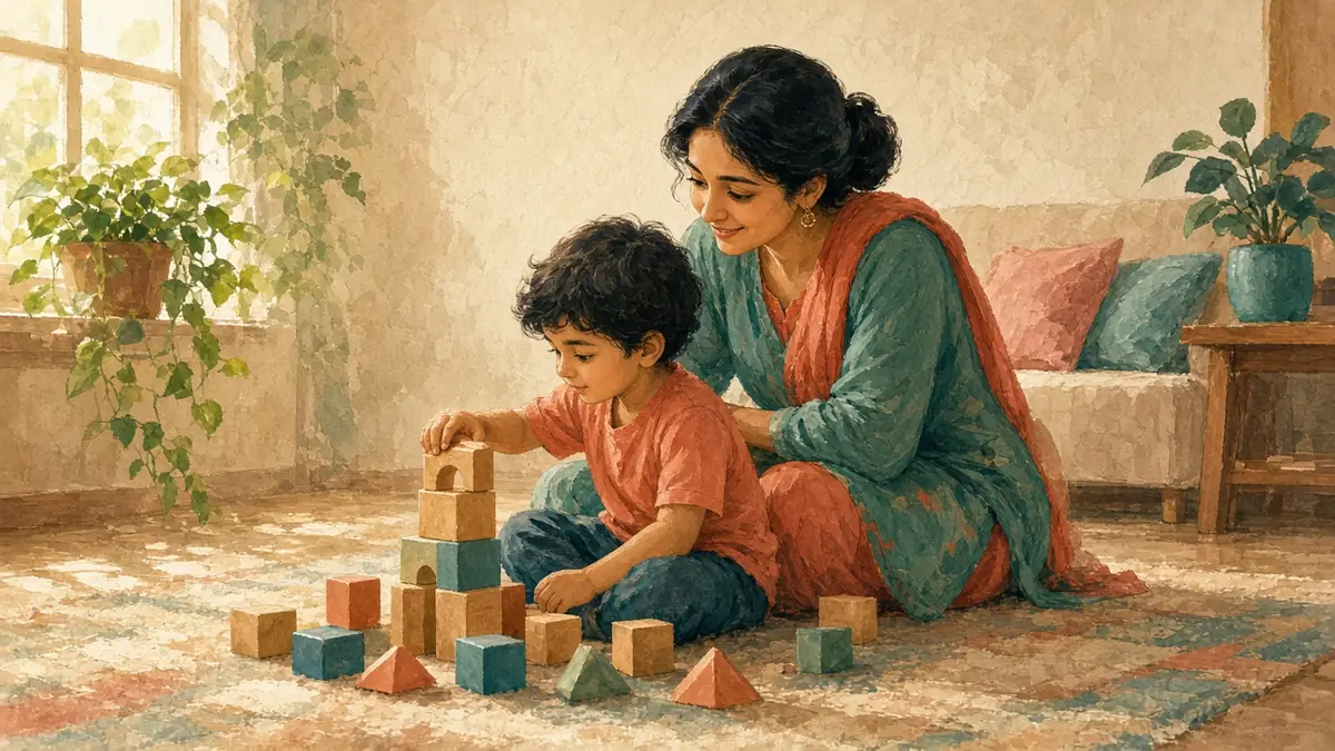 A mother sits on the living-room rug and watches her preschooler stack wooden blocks.
