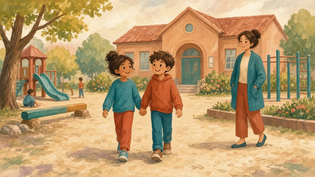 Two children walk together on a school playground while a caring adult stands nearby.