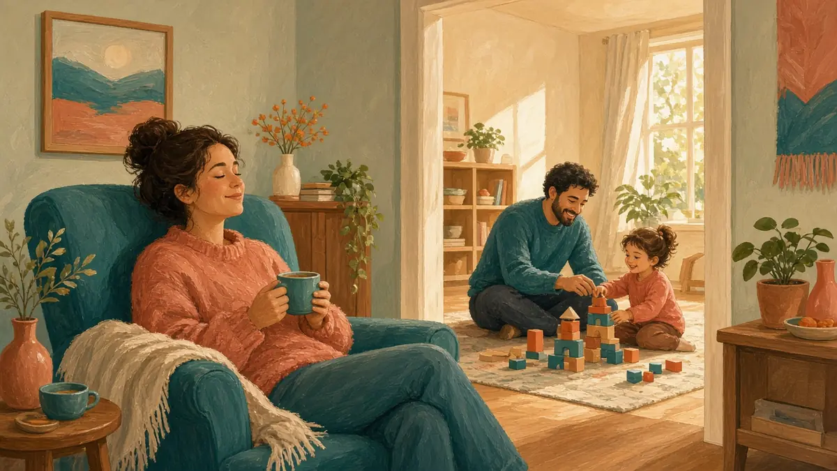 A parent rests with a cup of tea while another adult plays blocks with a child nearby.