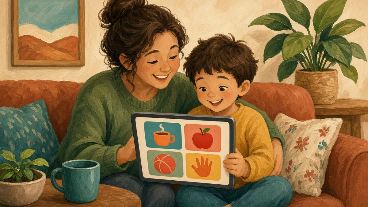 A parent and child smile together at a tablet showing a grid of picture buttons.
