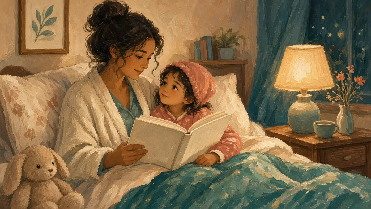A parent reads a picture book to a child tucked into bed at night.