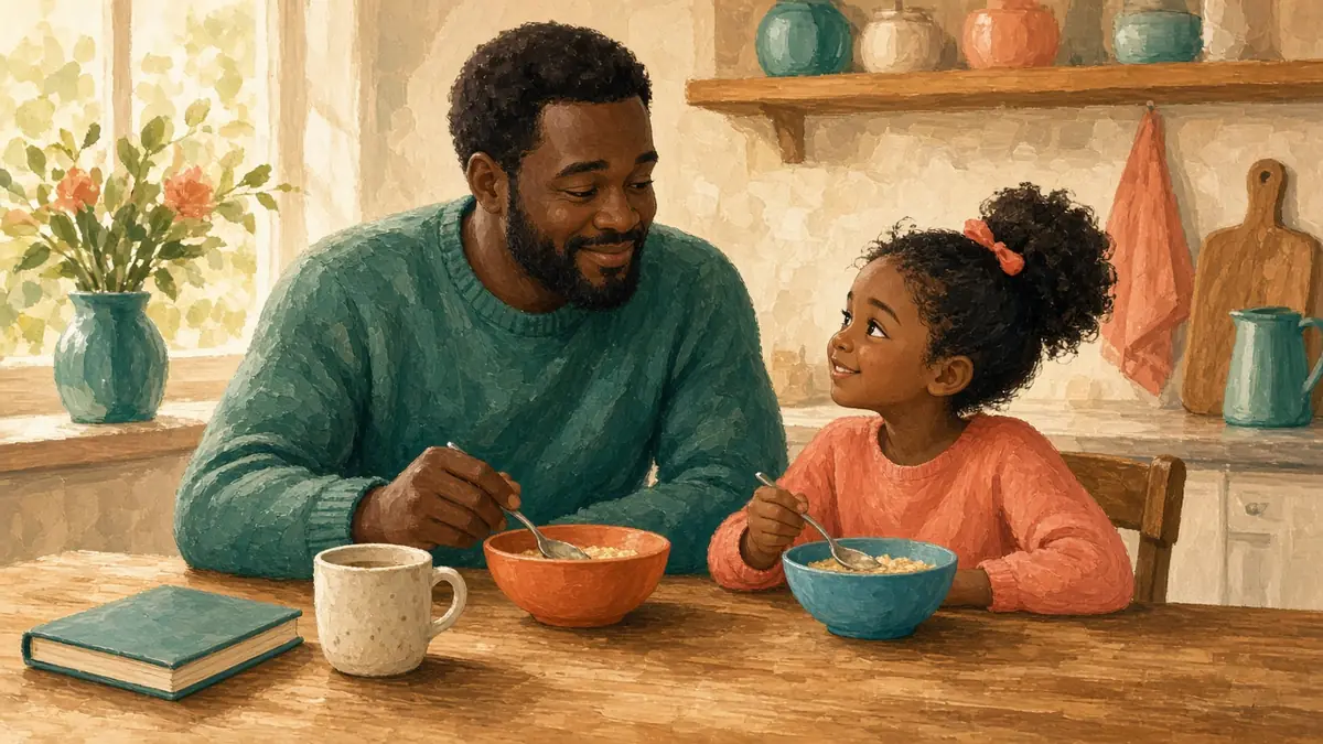 A father and his young daughter share a quiet breakfast at the kitchen table.