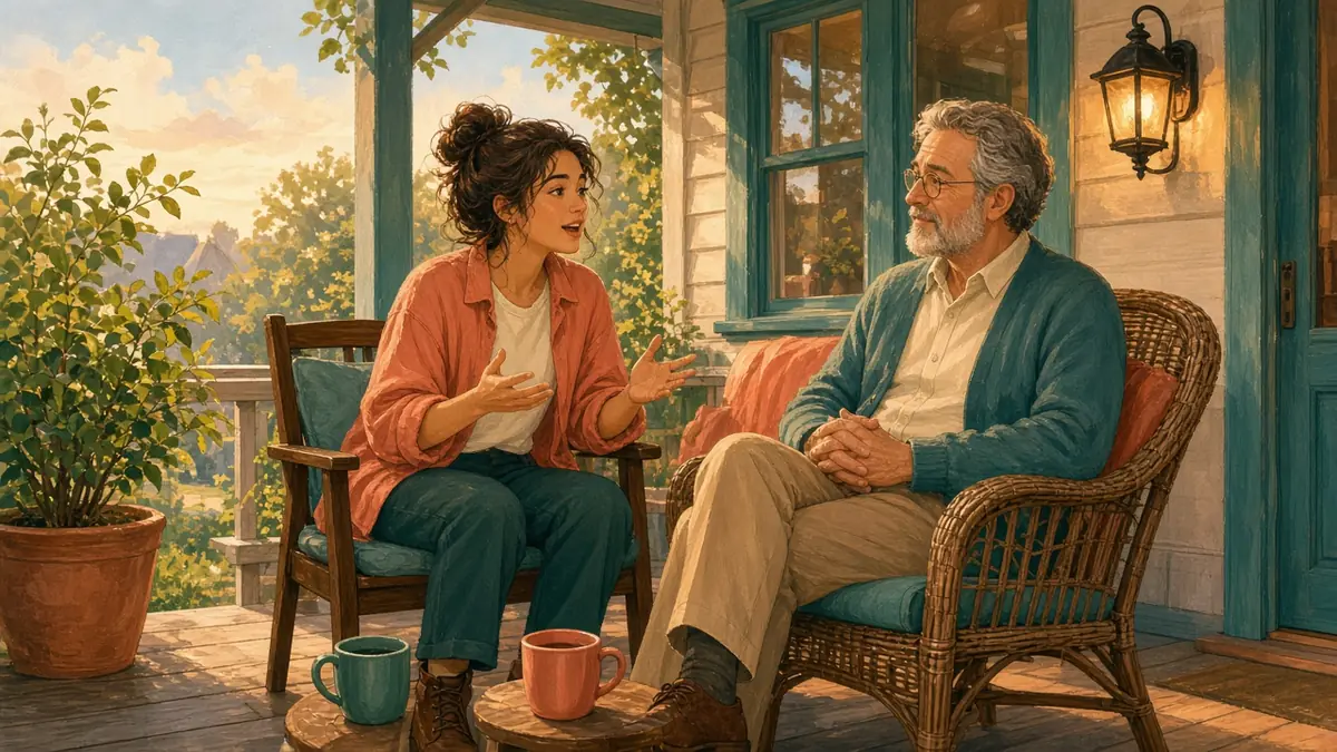 A young adult talks on a front porch while their parent listens.