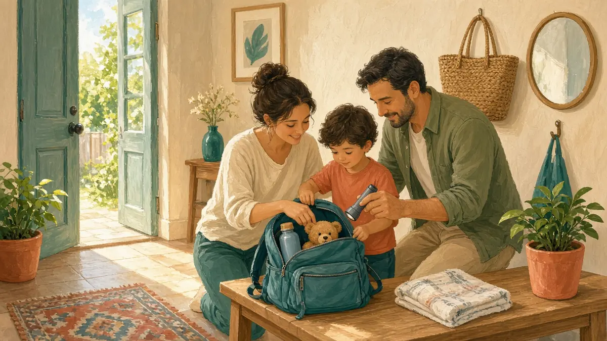 A family calmly packs a small backpack together by the front door on a sunny day.