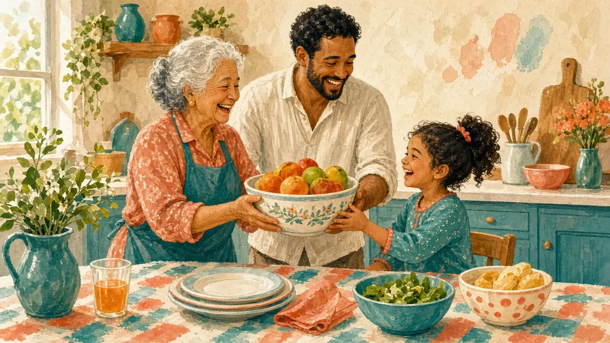 A grandparent, a parent, and a child set the table together and laugh.