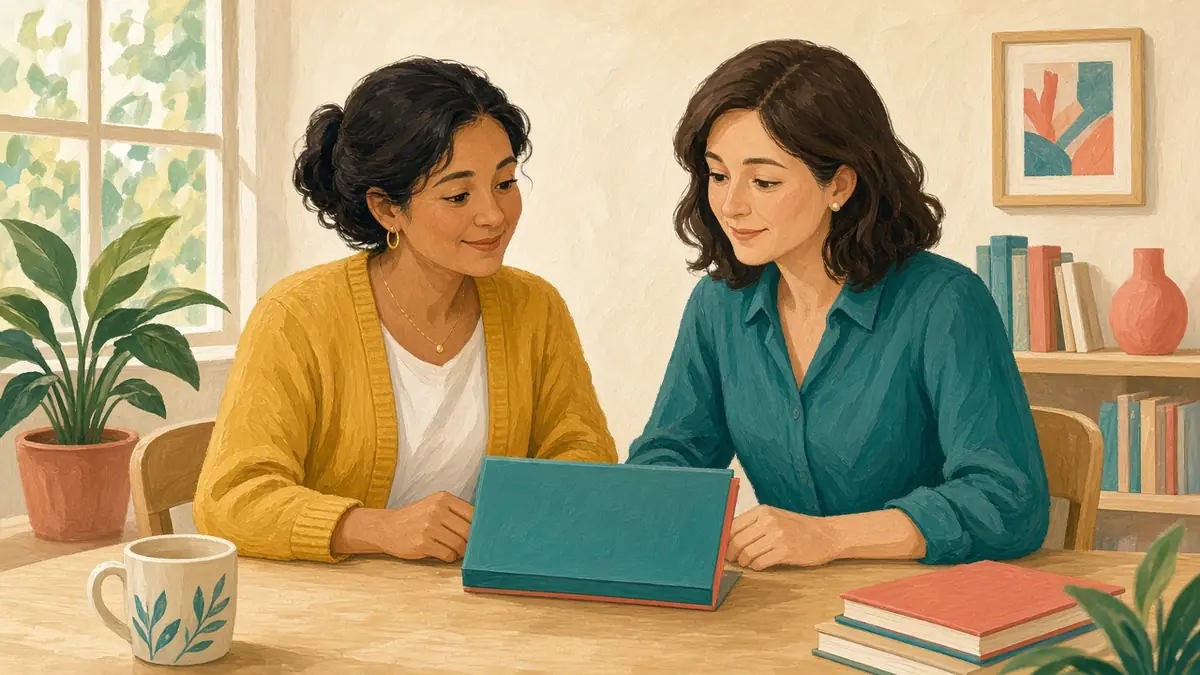A parent and a teacher sit together at a school table, looking at a folder as partners.