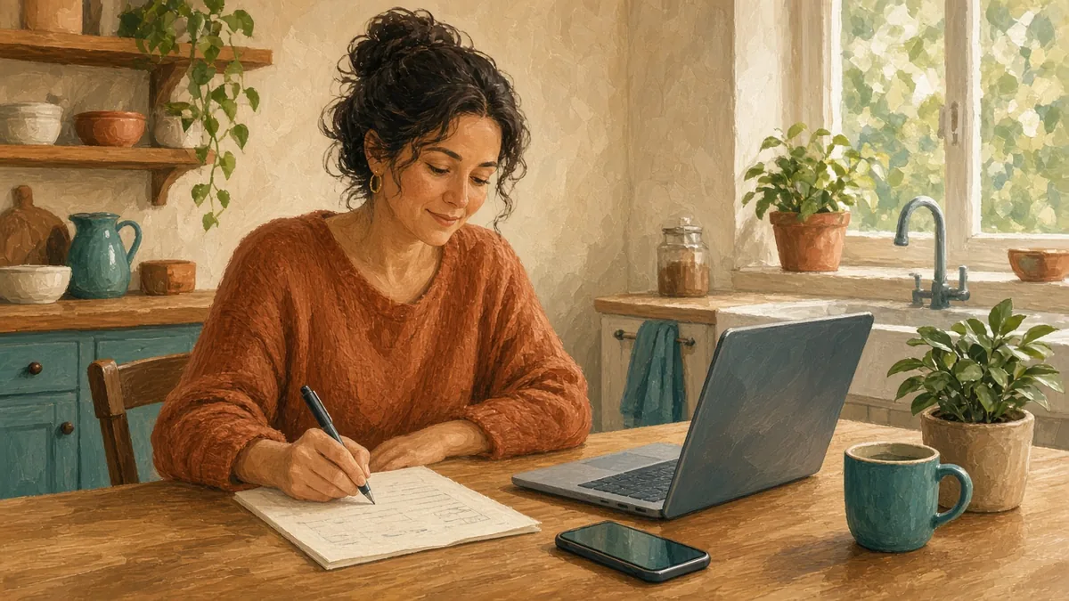 A parent sits calmly at a kitchen table with paper forms, an open laptop, and a phone.