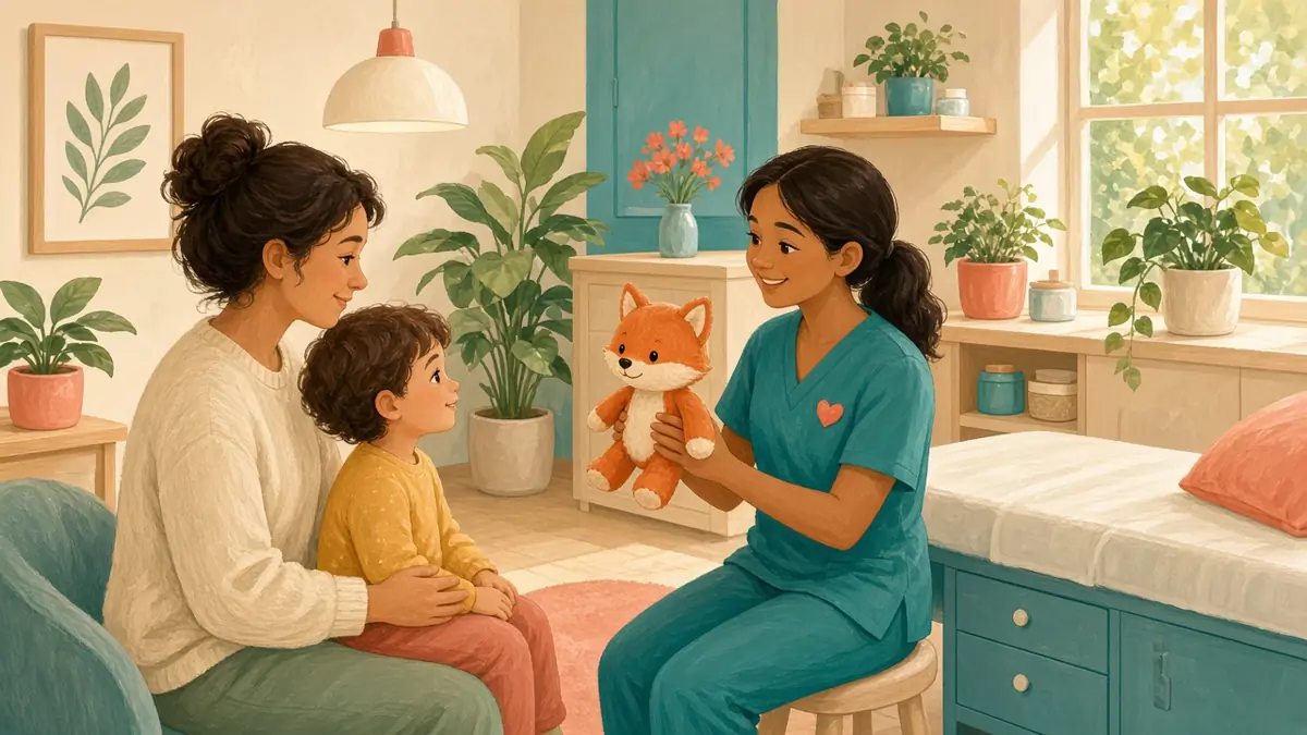 A clinician shows a stuffed animal to a child sitting on a parent's lap in a sunny exam room.