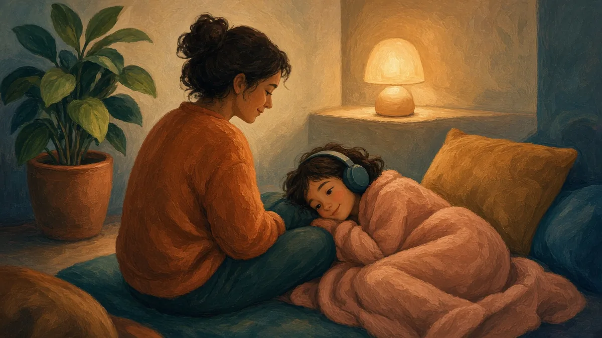 In a dim, cozy corner, a parent sits beside a child resting under a blanket and wearing headphones.