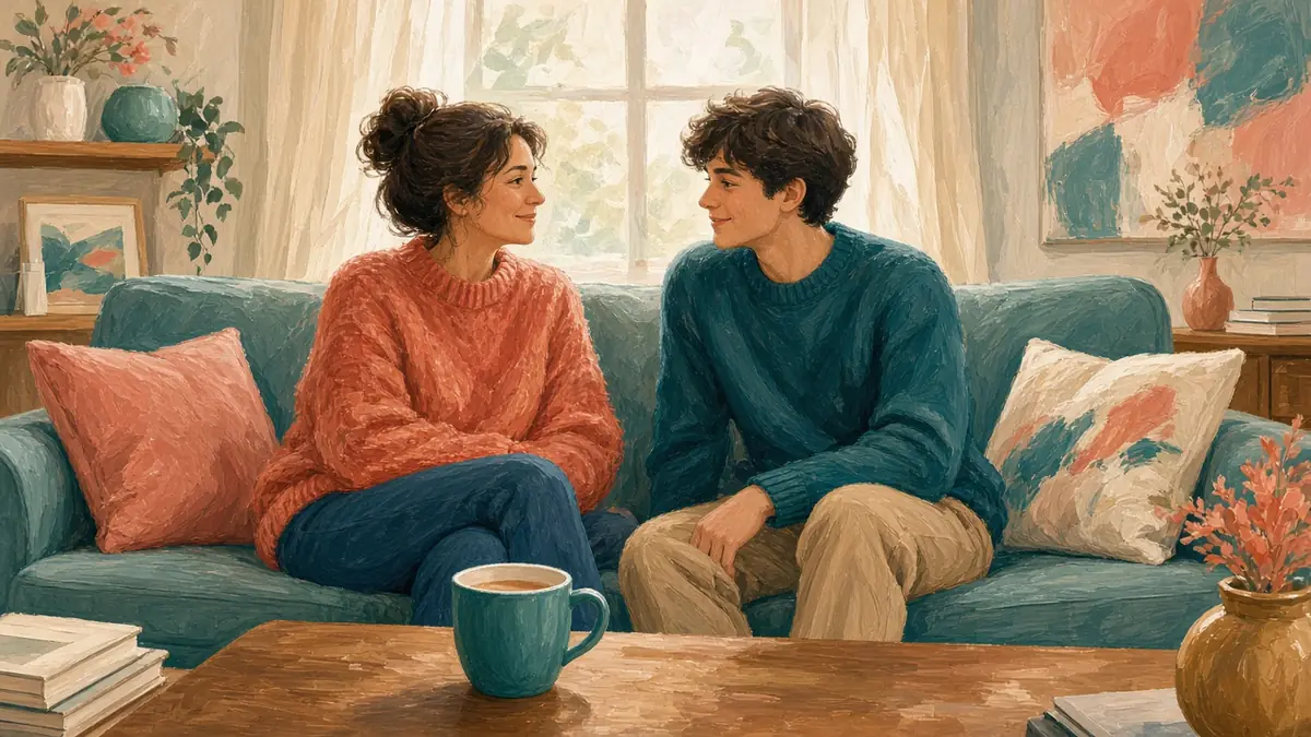 A parent and a teenager sit on a couch having a calm conversation over tea.