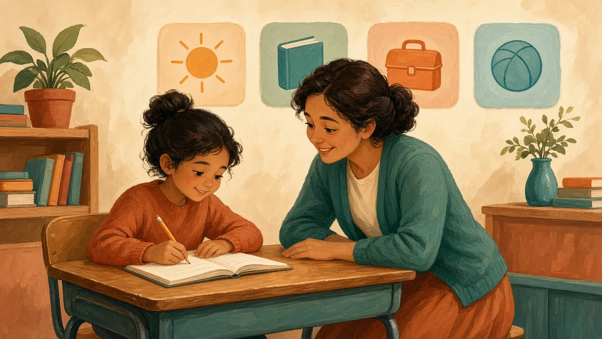 A child sits at a classroom desk beside a supportive teacher, with picture cards on the wall.