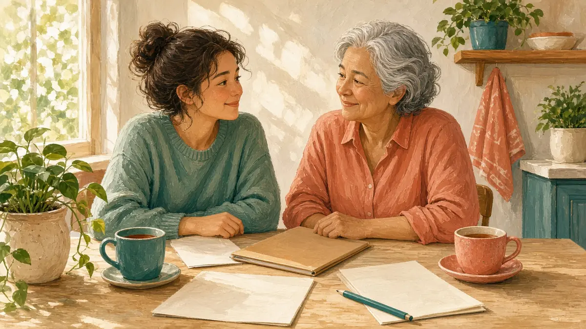 A young adult and a parent sit at a bright table planning, with a closed folder between them.