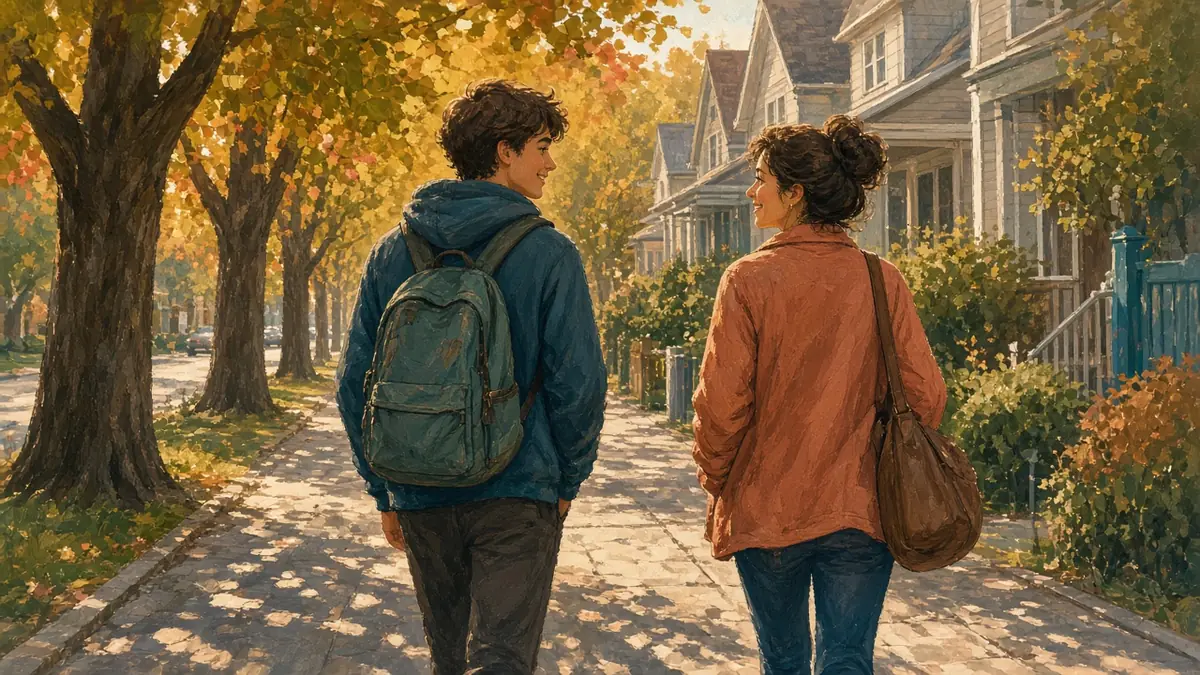 A teenager with a backpack walks beside their parent on a tree-lined sidewalk.