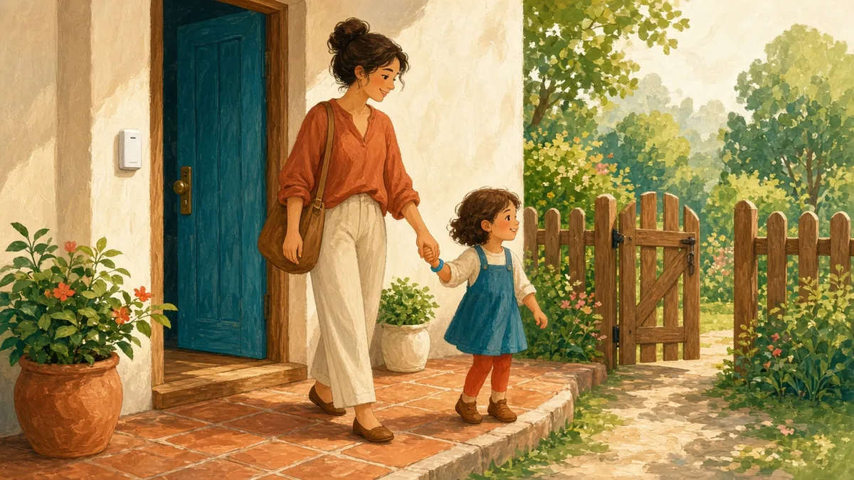 A parent and child hold hands by an open front door and a yard gate, with a door sensor and a blue wristband.